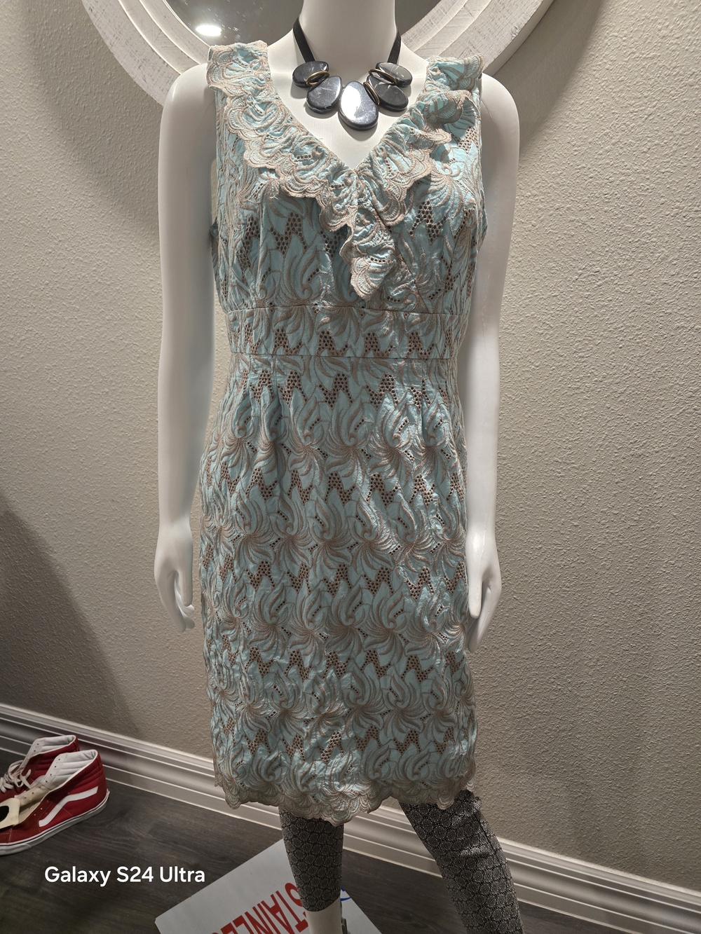 Alex Marie Lace Sheath Midi Dress in Light Blue and Cream